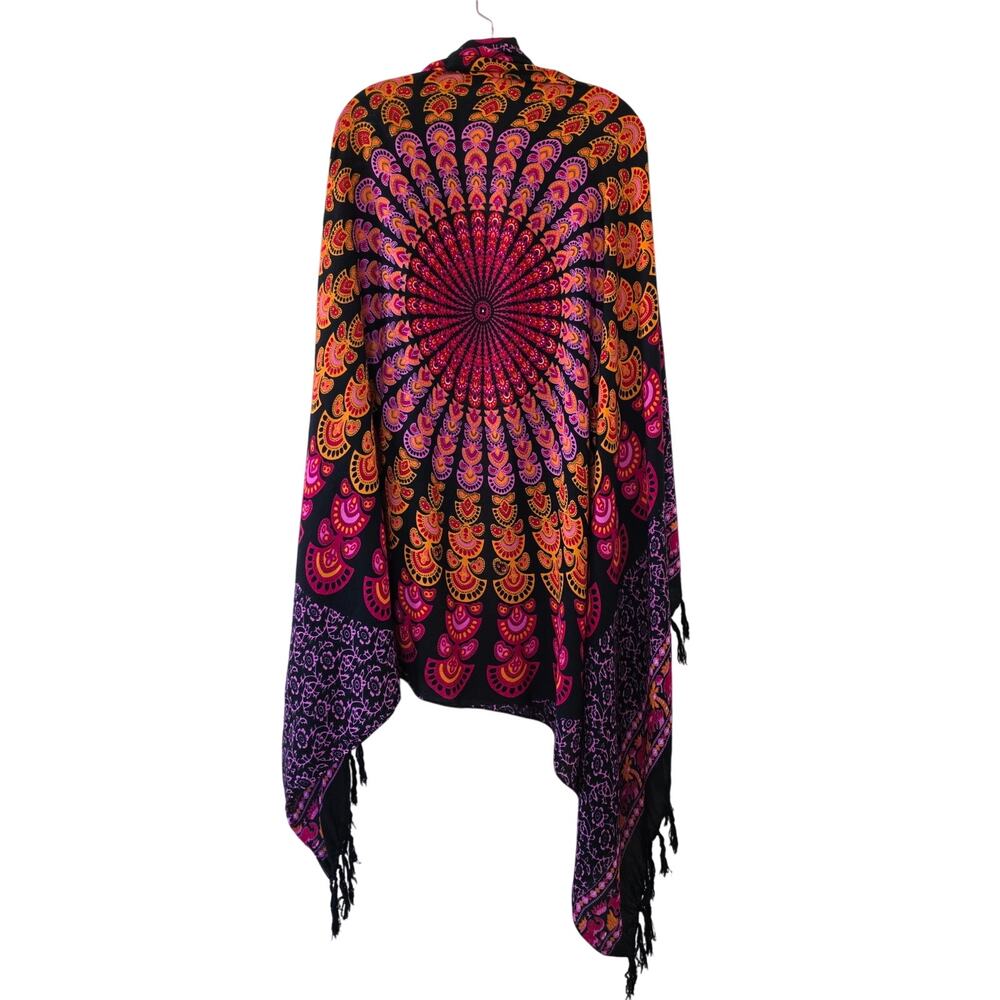 Back From Bali Mandala Elephant Print Boho Shawl Wrap Kimono Scarf Rayon Black